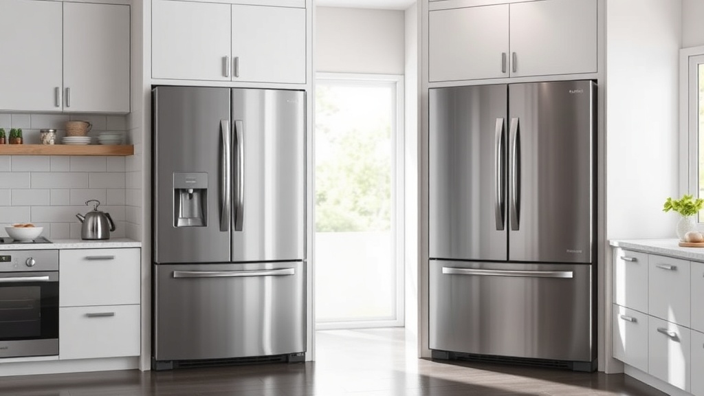 현대적인 주방에 설치된 양문형 및 4도어 냉장고의 전경