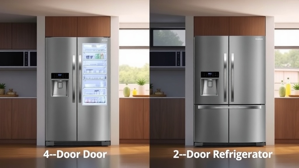 현대적인 주방에 배치된 4도어 냉장고와 2도어 냉장고의 외관 비교 이미지